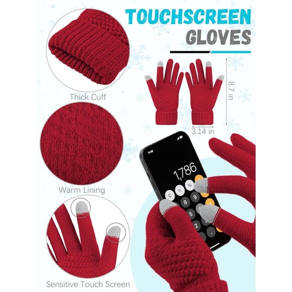 Women Red Knit Beanie Hat, Gloves, Scarf & Ear Warmer Set - Winter - Picture 3 of 6